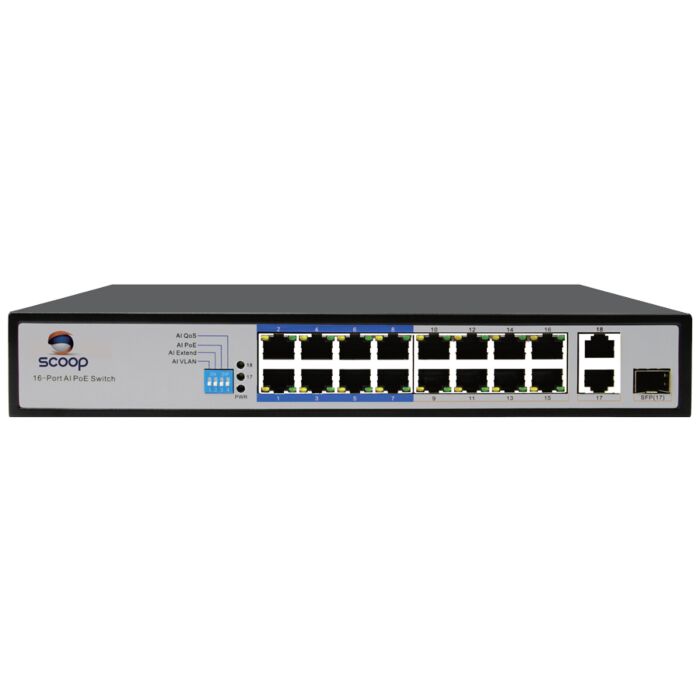 Scoop 16 Port Fast Ethernet AI PoE 150W 2 Gigabit 1SFP Switch
