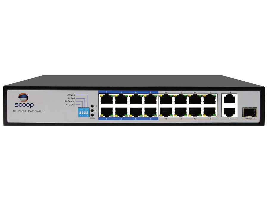 Scoop 16 Port Fast Ethernet AI PoE 150W 2 Gigabit 1SFP Switch | SPS-16F2GS