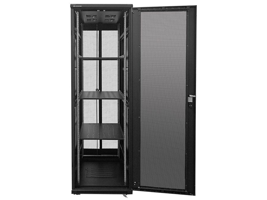 42U Standing Server Rack Cabinet – 1000mm Deep with Perforated Mesh Doors with 4 Fans & 3 Shelves (Flatpacked)