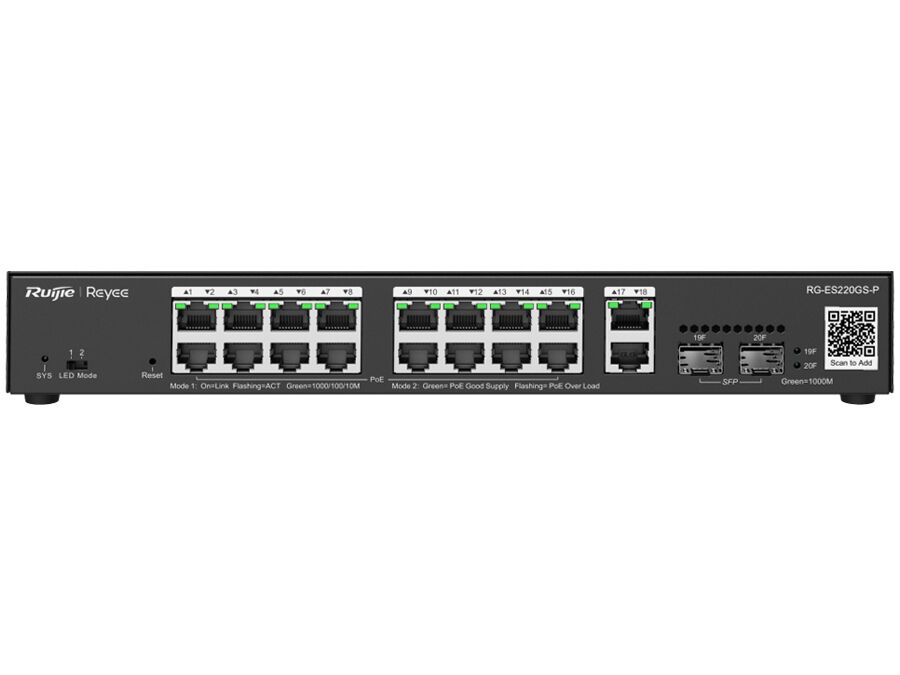 Reyee 18 Port Gigabit with 16 PoE 250W 2SFP Smart Managed Switch  | RG-ES220GP