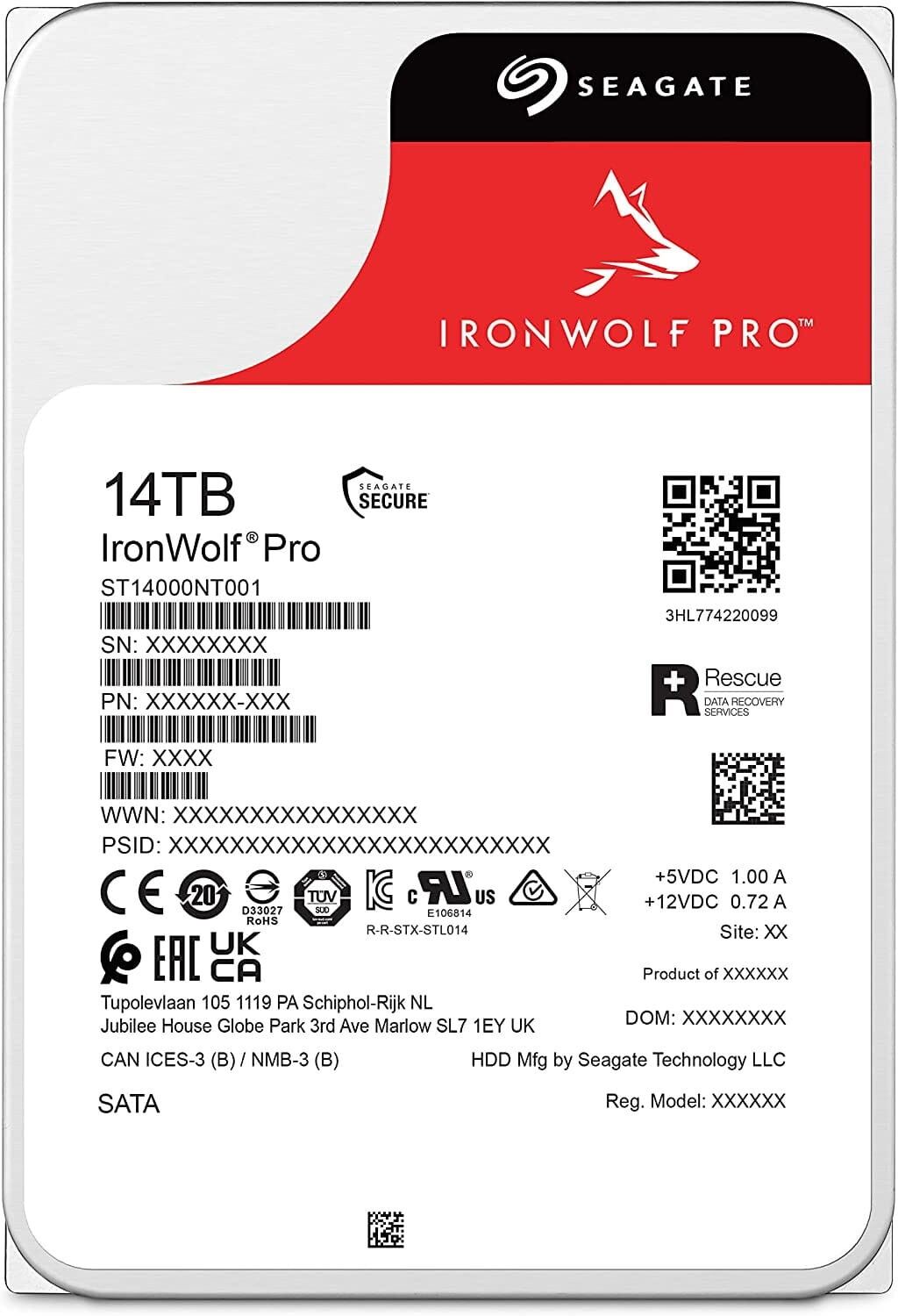 Seagate Ironwolf Pro ST14000NT001 14TB 3.5" HDD NAS Drives; SATA 6GB/s Interface; Unlimited Bays Supported; MUT: 550TB/Year; RV: Yes; , ST14000NT001 | ST14000NT001