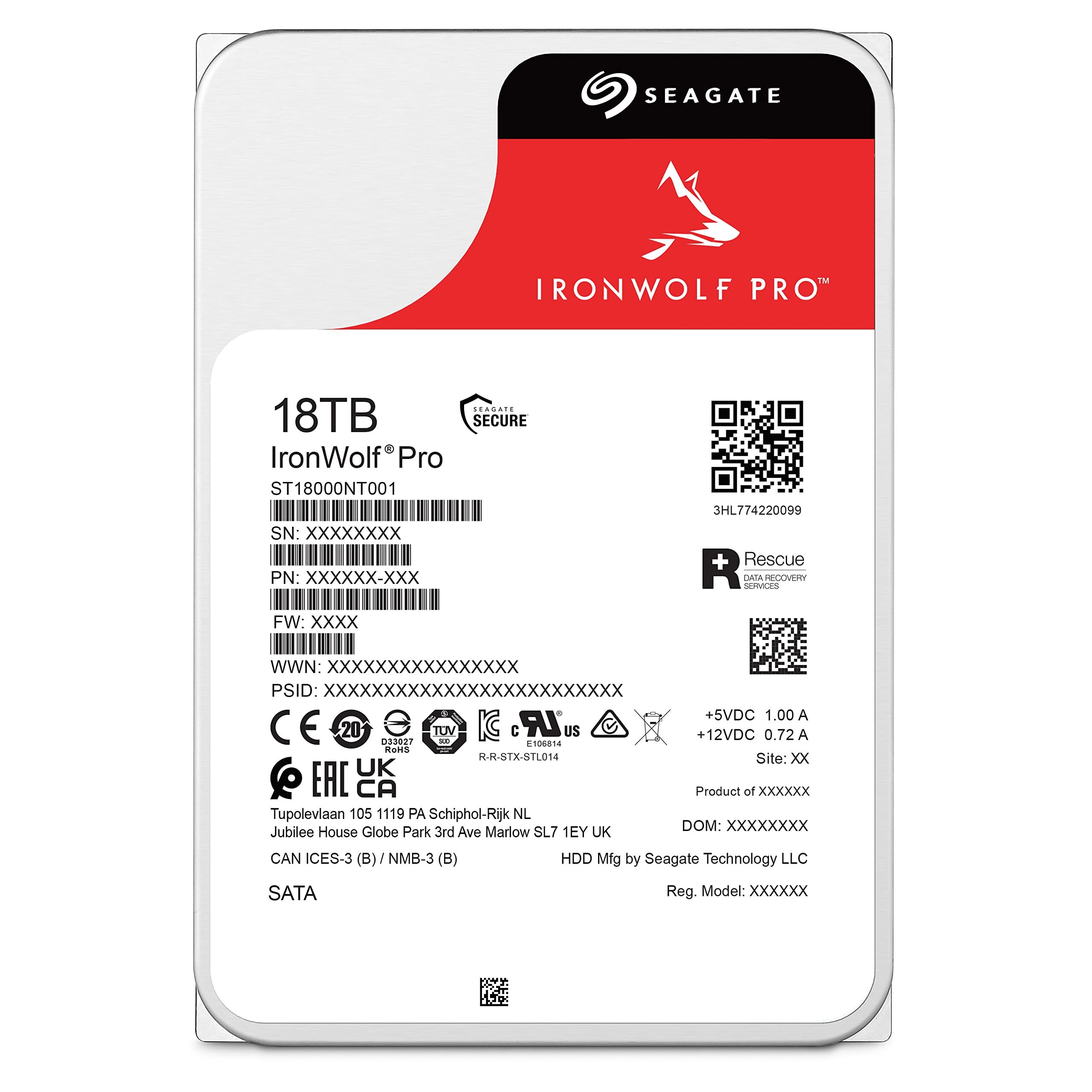 Seagate Ironwolf Pro ST18000NT001 18TB 3.5" HDD NAS Drives; SATA 6GB/s Interface; Unlimited Bays Supported; MUT: 550TB/Year; RV: Yes; , ST18000NT001 | ST18000NT001