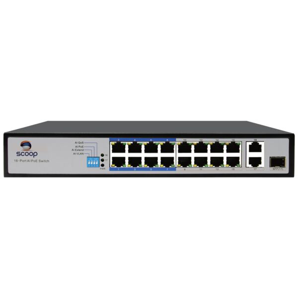 Scoop 16 Port Fast Ethernet AI PoE 150W 2 Gigabit 1SFP Switch